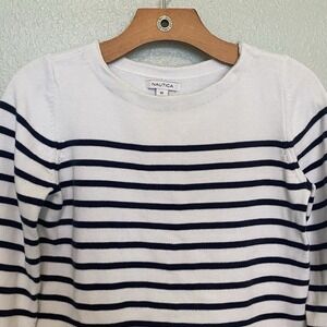 Nautica XS Stripe Lace Back Sweater White Black 3/4 Sleeve Blouse Shirt